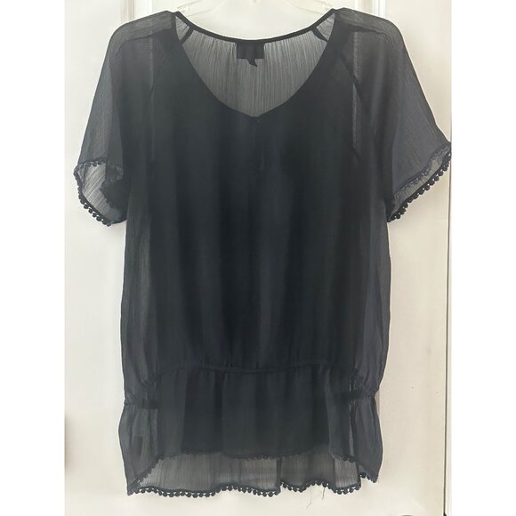 Black Sheer Blouse With Tie Neck & Pom Pom Trim - Womens L - Picture 2 of 7